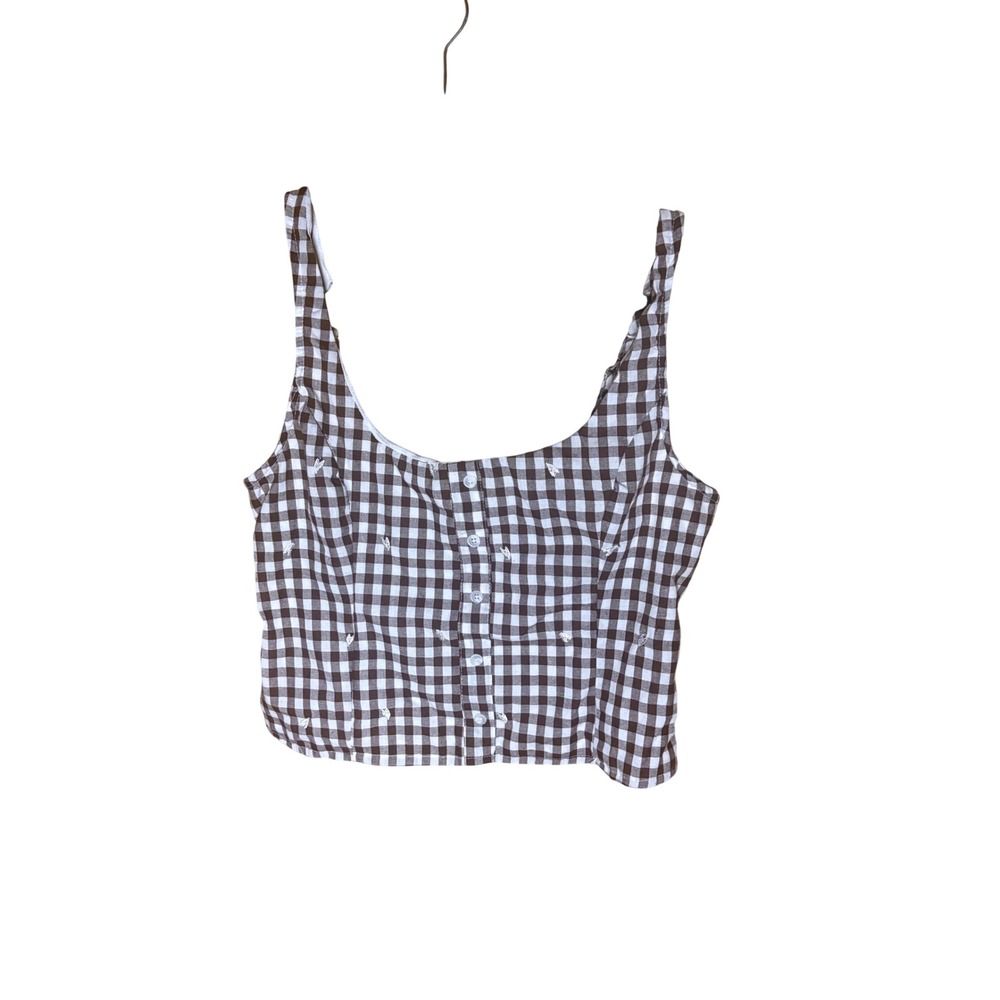 Lotus & Lavender Brown Gingham Button Front Smocked Back Crop Tank Top XL